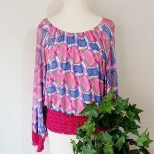Style Up Blouse Pink and Blue Long Sleeve Wavy Stripe Geometric Print Blouson